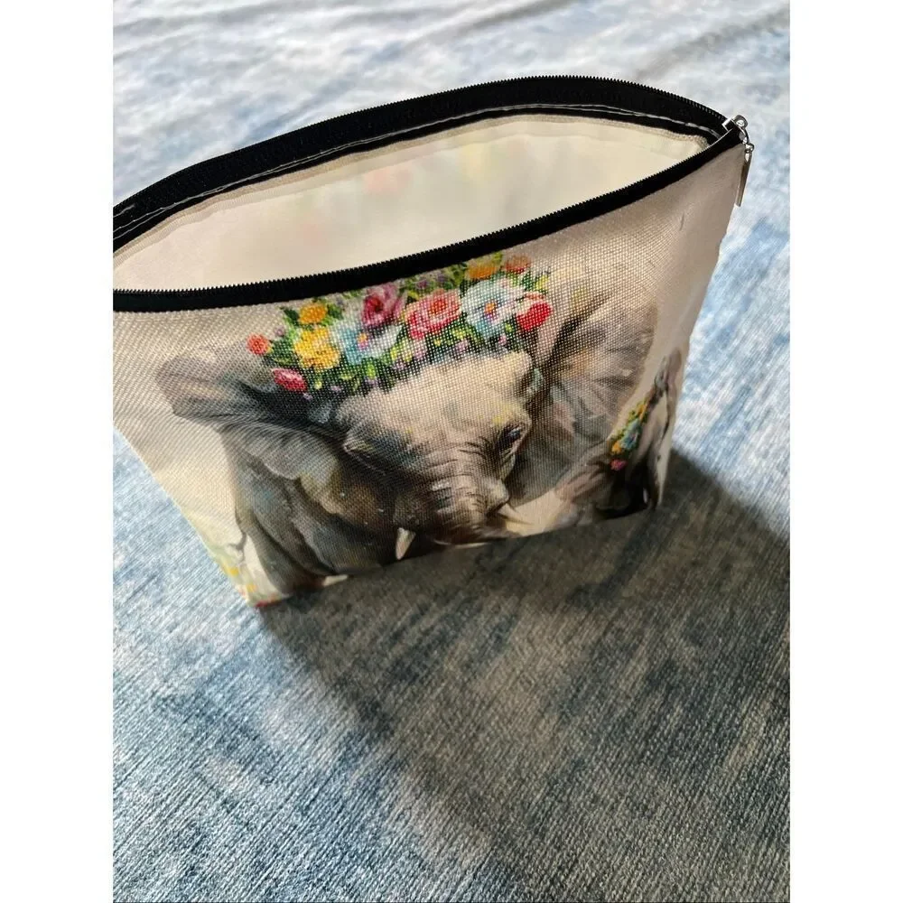 Elephant Mom Baby Floral Cotton Canvas Small Makeup Bag Travel Toiletry Pouch